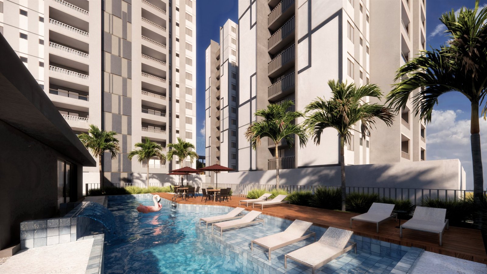 Imagem ilustrativa das torres residenciais vistas da piscina com deck
