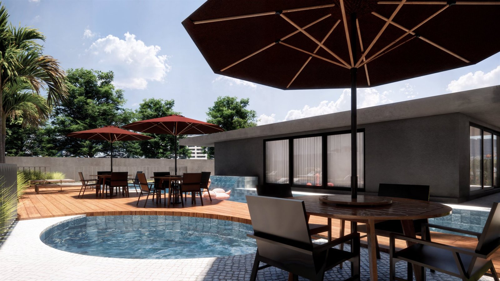 Imagem ilustrativa da piscina com deck, guarda-sóis e área de estar