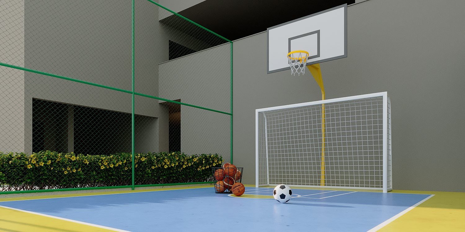 Imagem ilustrativa da quadra recreativa com cesta de basquete e gol