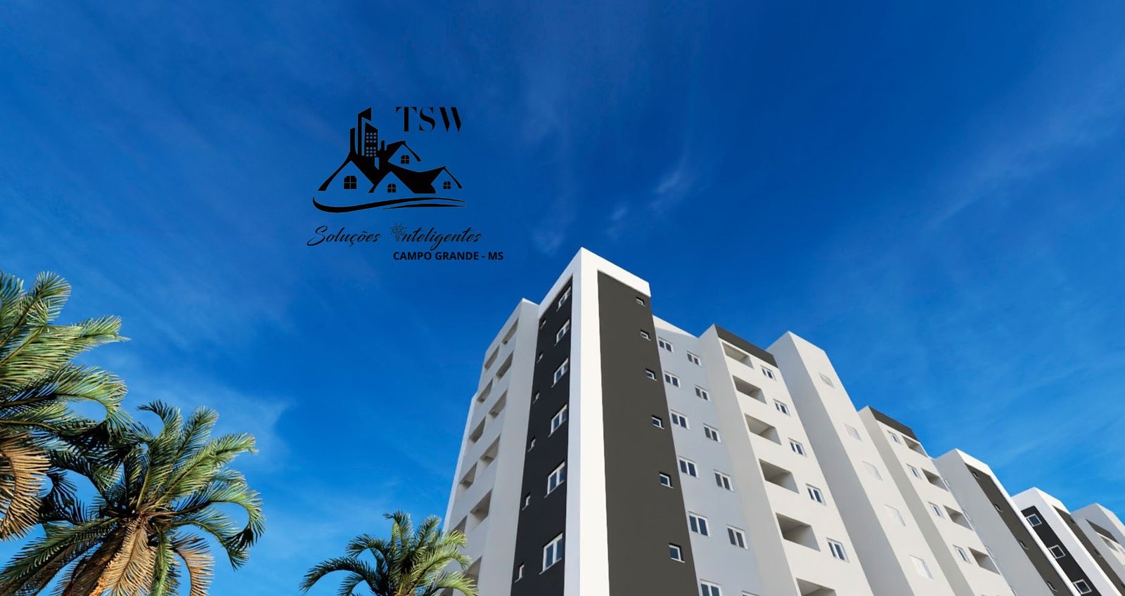 Imagem ilustrativa das torres residenciais vistas do térreo, com palmeiras e céu aberto