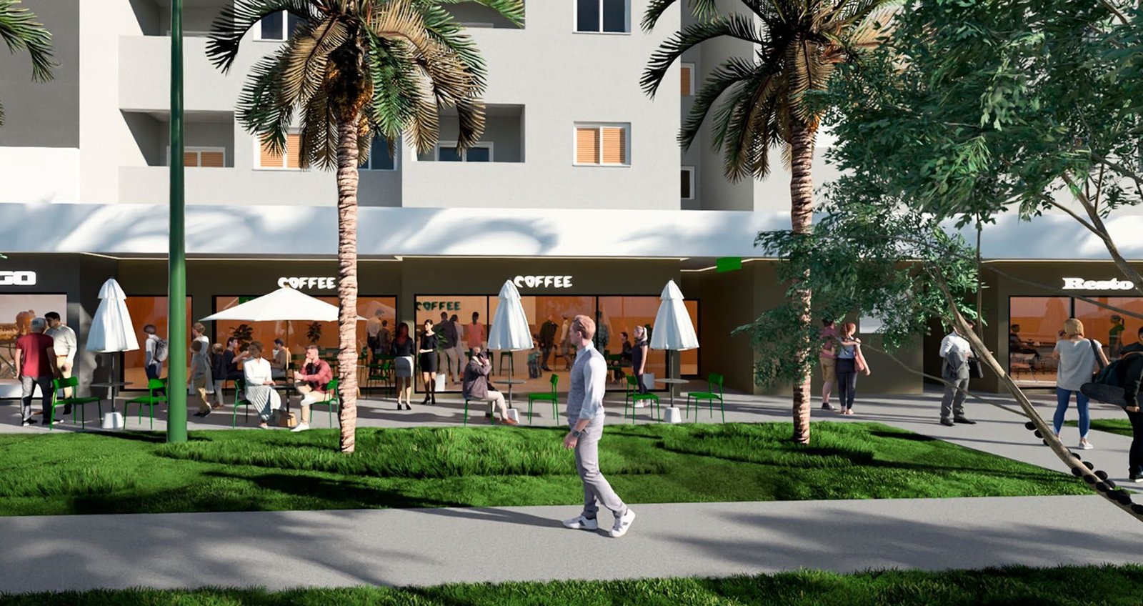 Imagem ilustrativa do boulevard com cafés e mesas externas junto ao gramado
