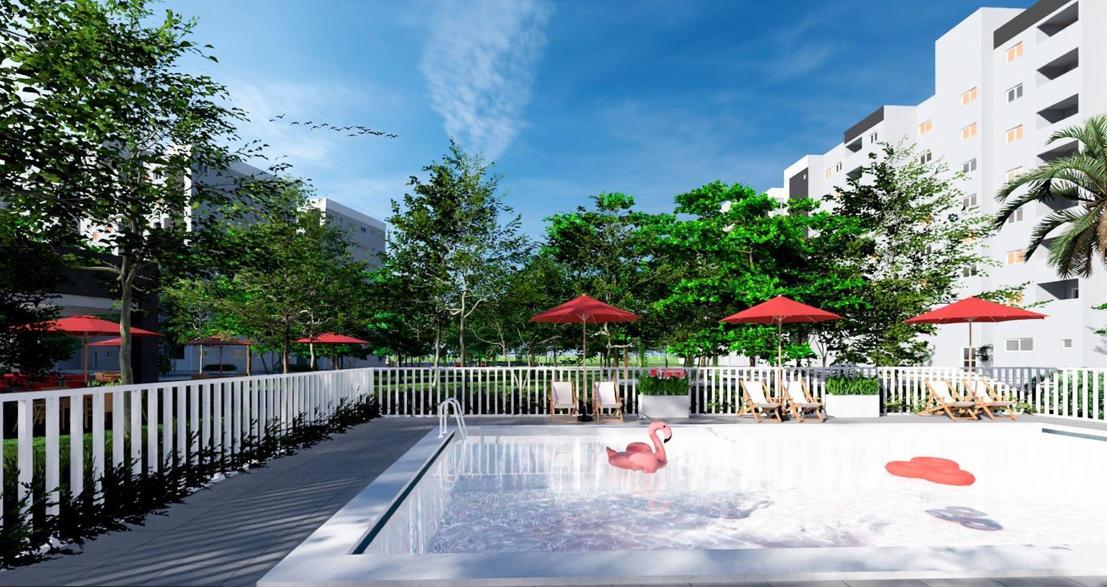 Imagem ilustrativa da piscina com solário e espreguiçadeiras de madeira