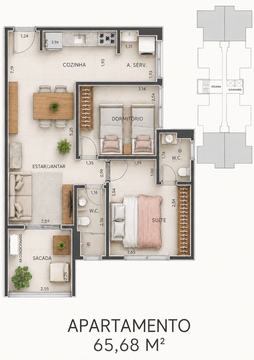 Planta residencial de 65 m² com 1 suíte, 1 dormitório, sacada e ambientes integrados