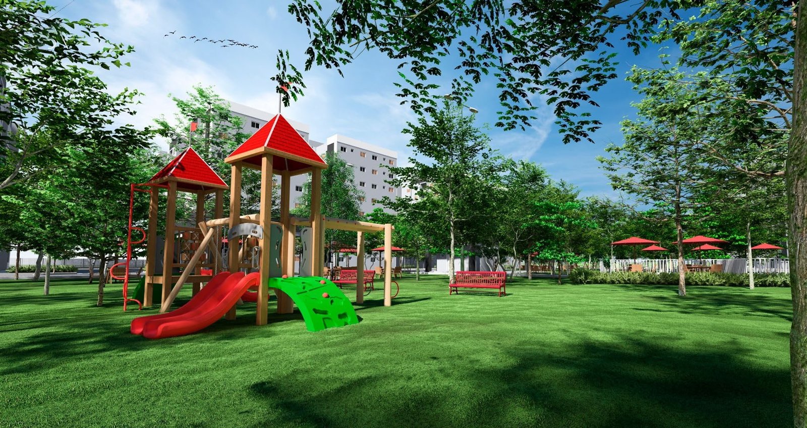 Imagem ilustrativa do playground de madeira em meio ao gramado e às árvores