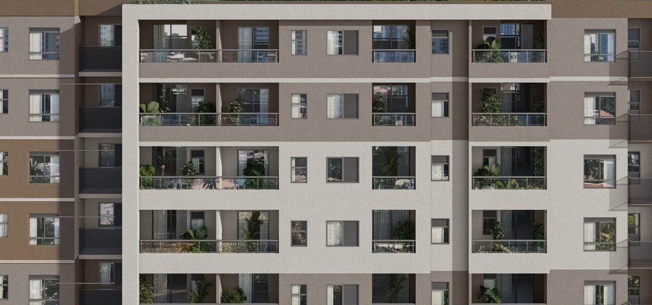 Imagem ilustrativa da fachada residencial com varandas e vegetação