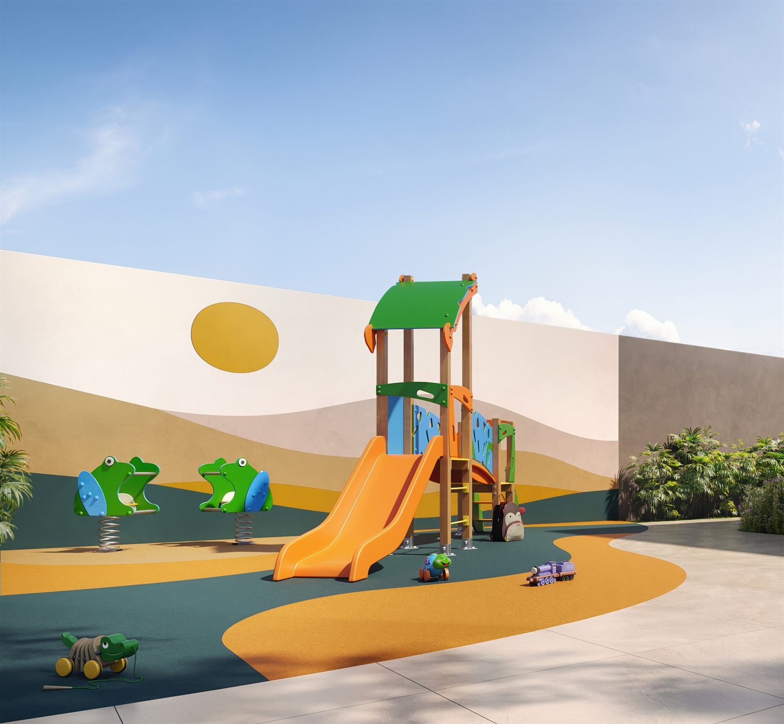 Imagem ilustrativa do playground com escorregador e brinquedos