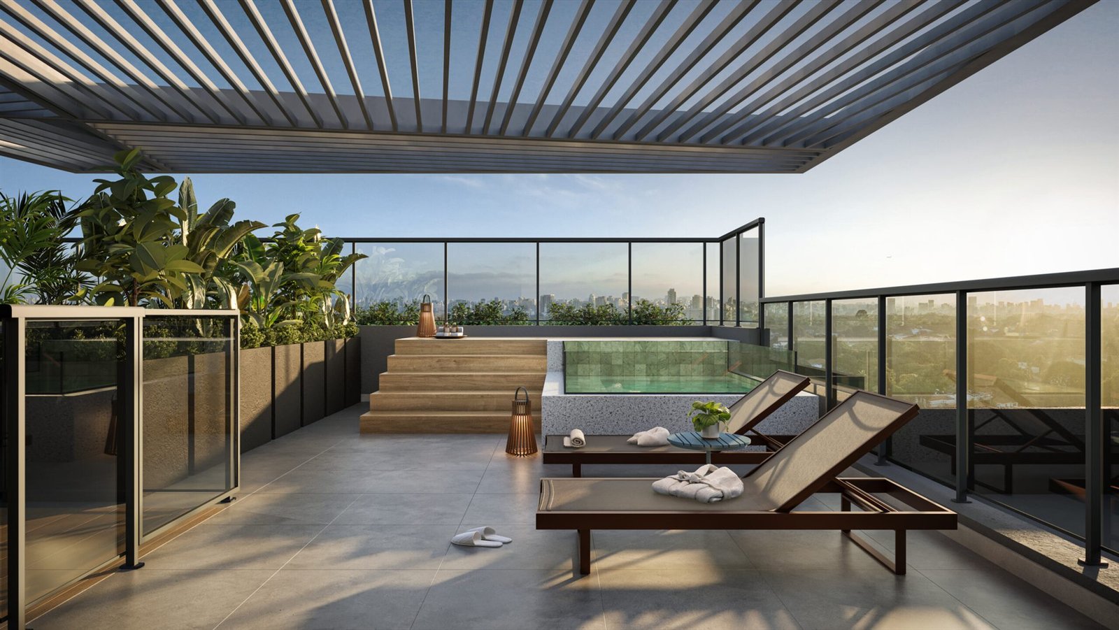 Imagem ilustrativa de terraço com piscina e vista panorâmica da cidade