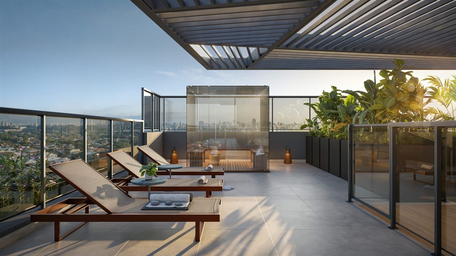 Imagem ilustrativa de terraço com espreguiçadeiras, sauna e vista da cidade