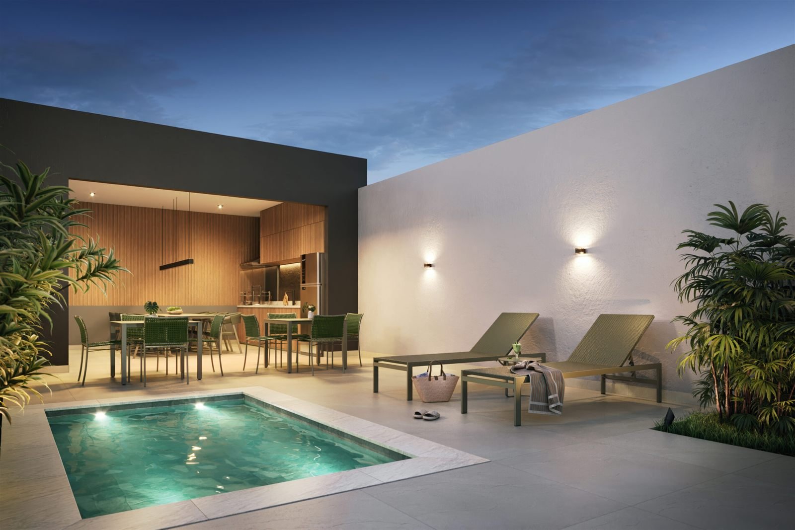 Imagem ilustrativa de piscina com espaço gourmet ao entardecer