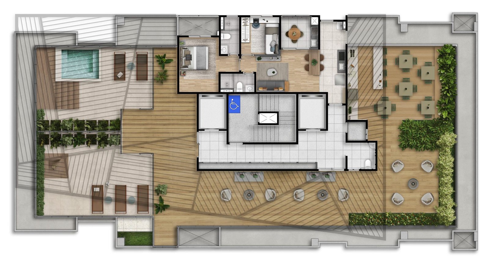 Planta ilustrativa do rooftop de lazer do empreendimento