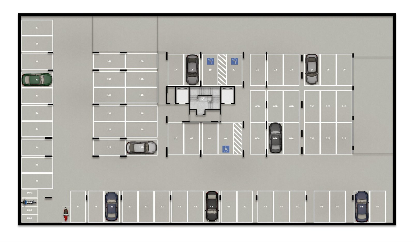 Planta ilustrativa do subsolo com vagas de garagem