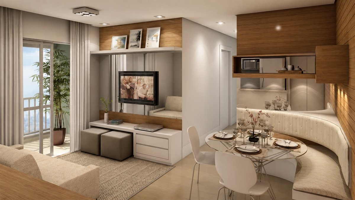 Ambiente residencial com composição de mobiliário e iluminação